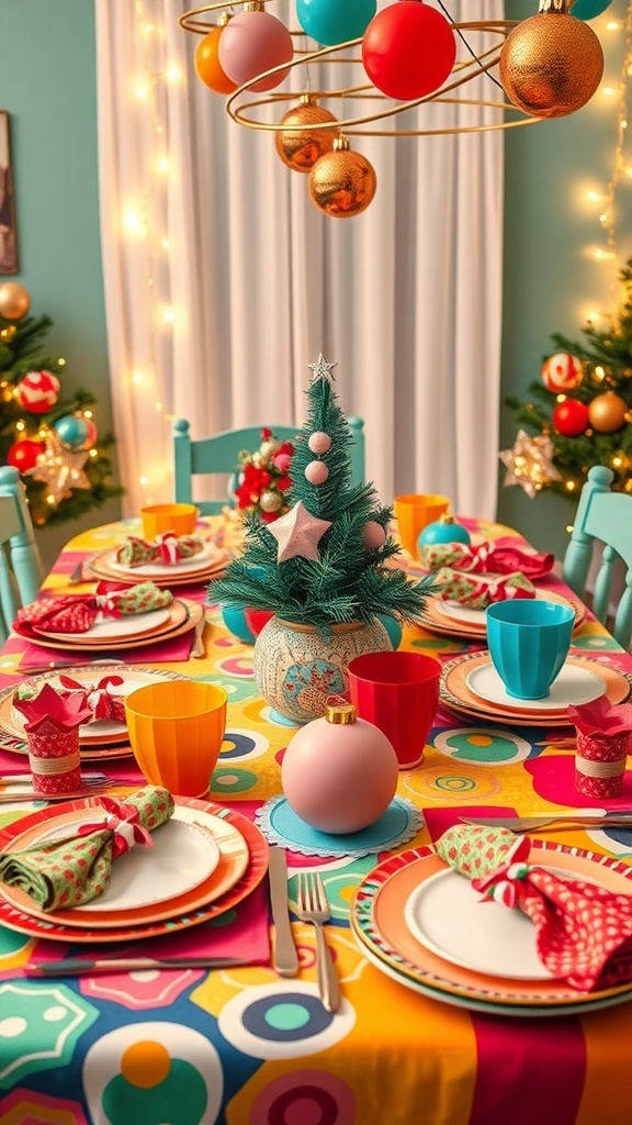 A festive 90s Christmas table setting with colorful tableware, retro ornaments, and twinkling lights.